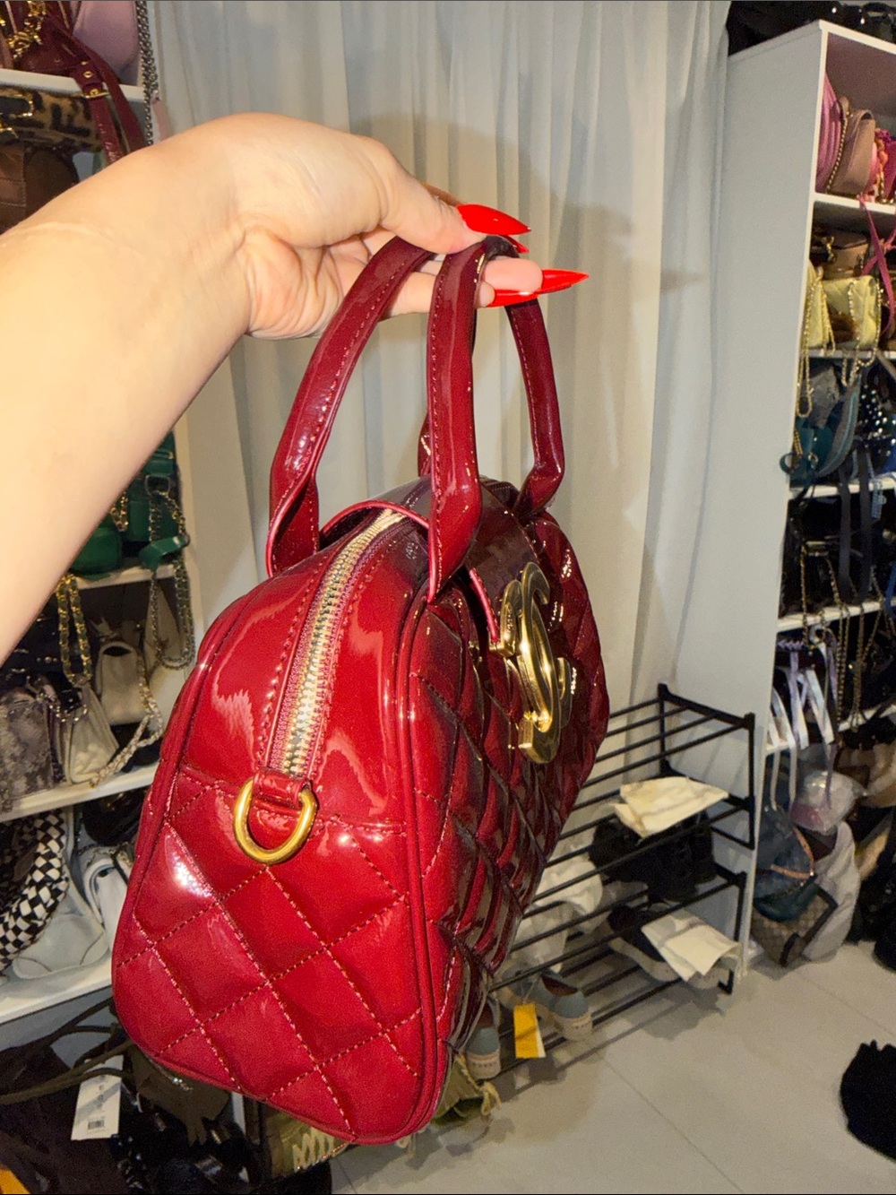 Quilted Patent Red Top-Handle Shoulder Bag